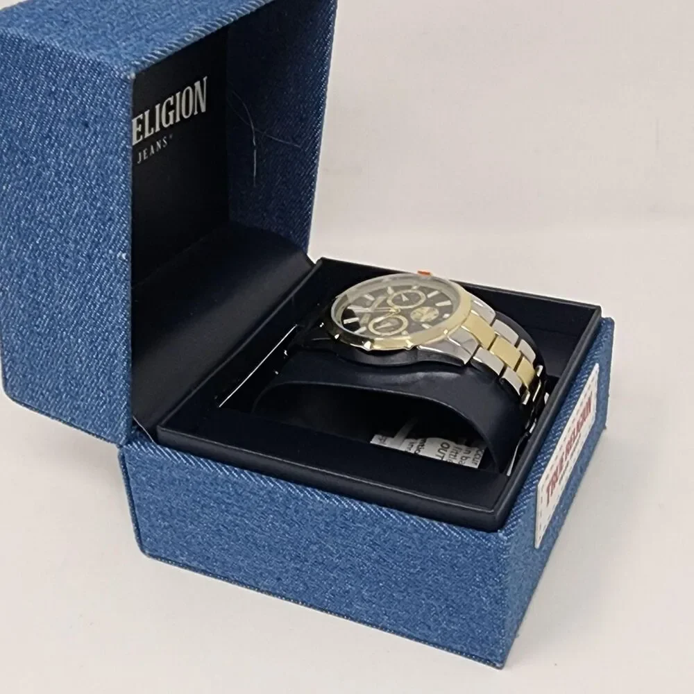 True Religion Watch Two Tone Stainless Black Dial Mens Analog Multi Dial Boxed